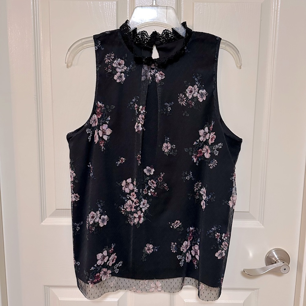 BCX Black Floral High Neck Sleeveless Blouse Size XL